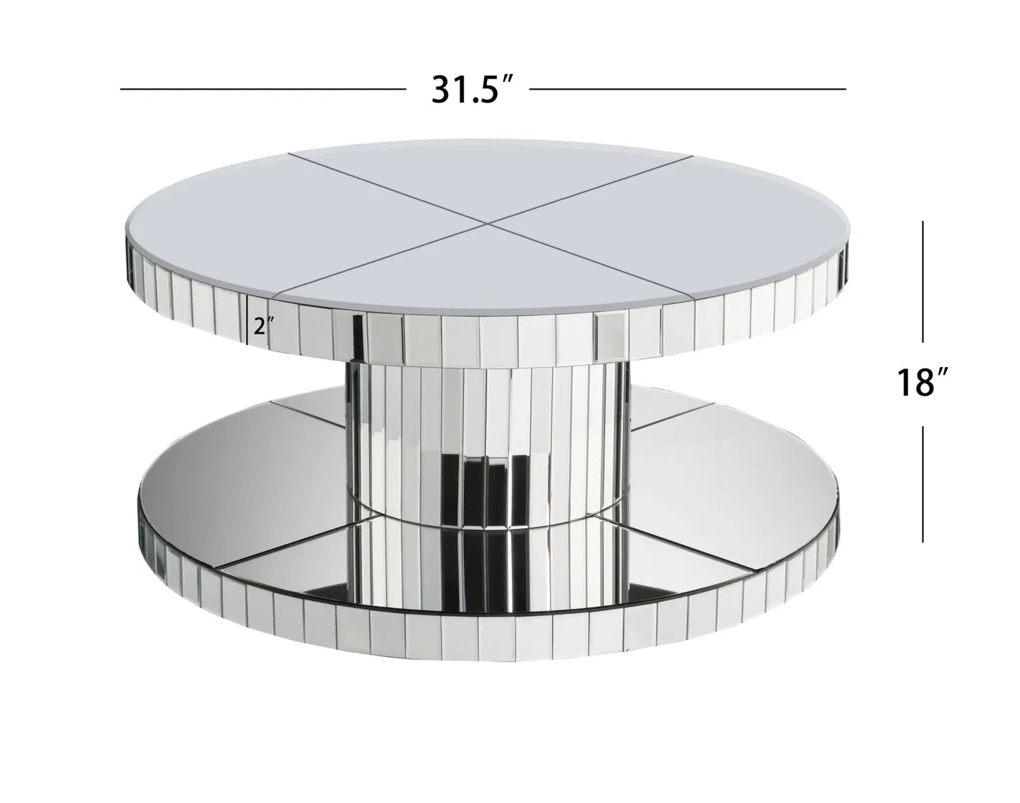 Double Tier Luxury Round Mirror Coffee Table - 31.5" Diameter Modern Sofa Side Table with Fluted Glass