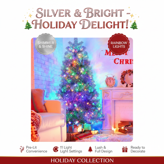 6ft Silver Pre-Lit Artificial Christmas Tree - 800 Branch Tips, 300 LED Lights, 11 Lighting Modes - Full Hinged Tree with Metal Stand
