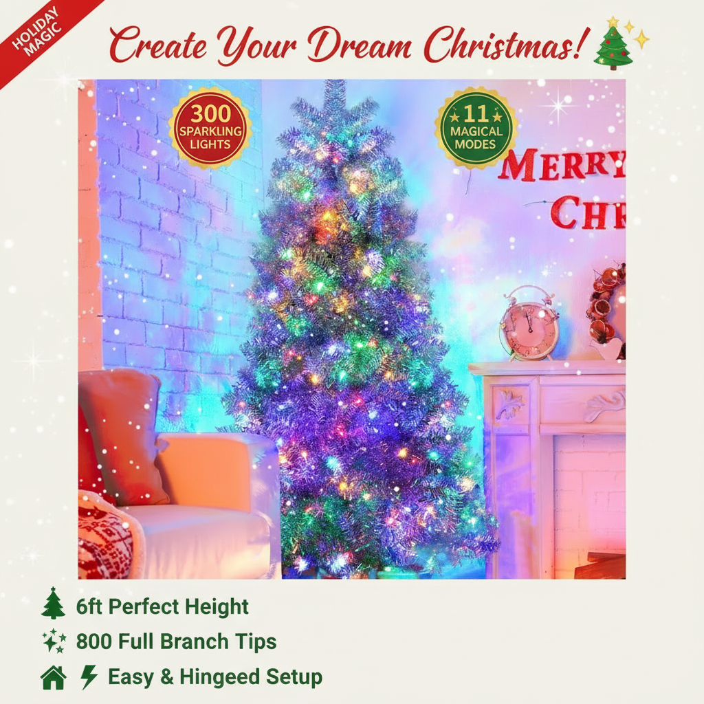 6ft Silver Pre-Lit Artificial Christmas Tree - 800 Branch Tips, 300 LED Lights, 11 Lighting Modes - Full Hinged Tree with Metal Stand