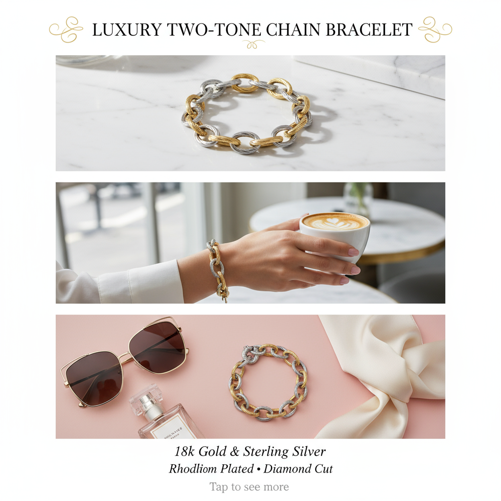 18k Yellow Gold and Sterling Silver Rhodium Plated Diamond Cut Chain Bracelet