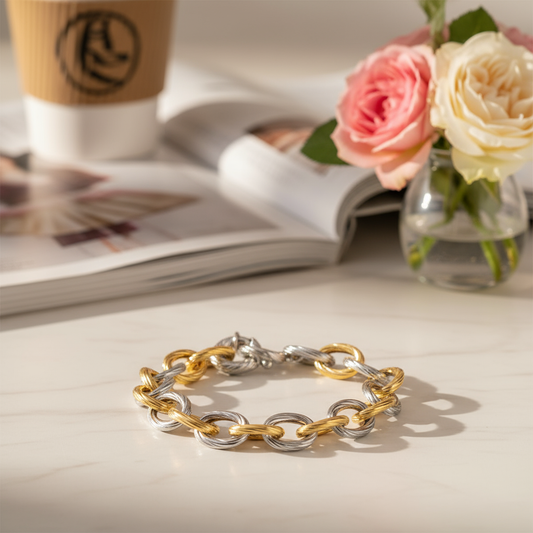 18k Yellow Gold and Sterling Silver Rhodium Plated Diamond Cut Chain Bracelet