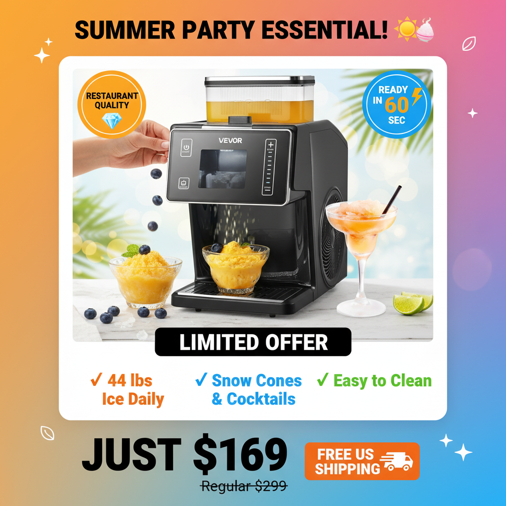 Snowflake Ice Machine - 44lbs/24h Ice Maker with Stainless Steel Blade - Electric Snow Cone Maker