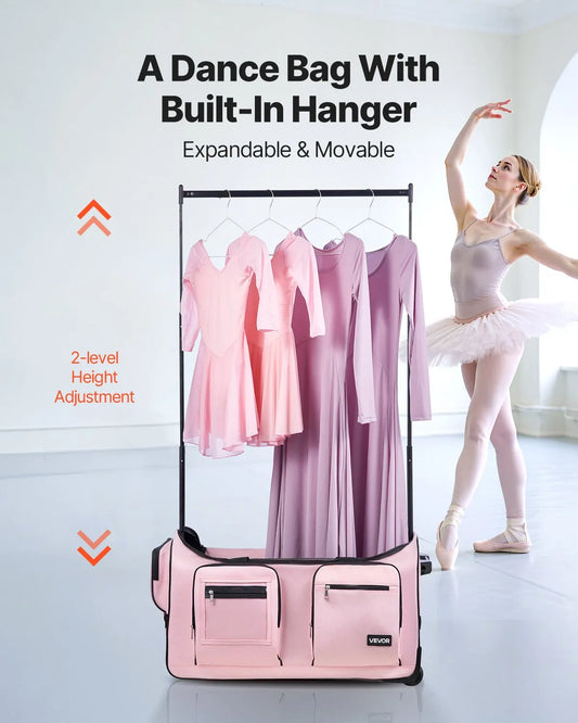 29" Rolling Dance Bag with Garment Rack - Height Adjustable Clothes Rack, USB Port & Privacy Curtain - Matte Pink