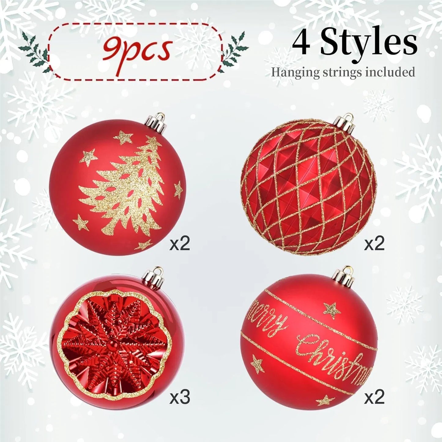 4 Style 100MM/ 4 Inch Shatterproof 9PCS Large Christmas Ball Ornaments Set