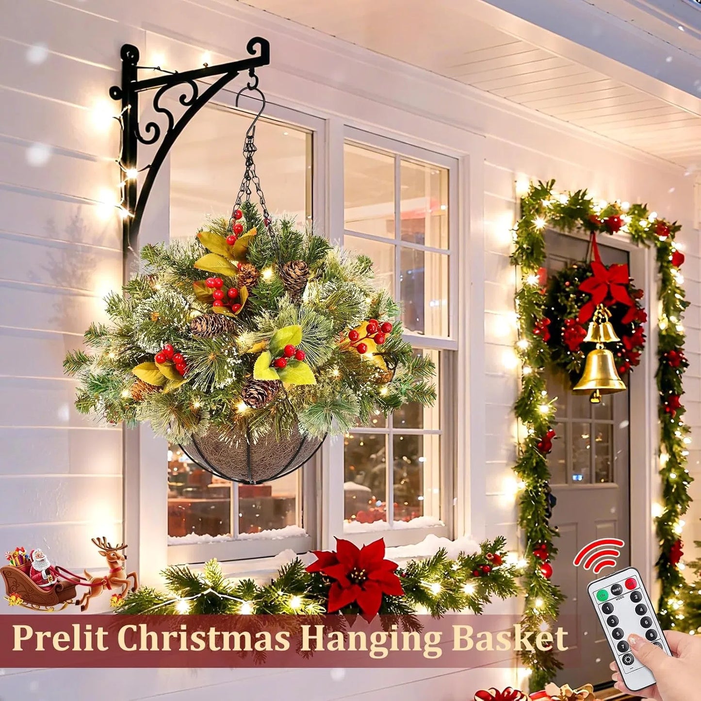 20 Inch Prelit Christmas Hanging Basket with 30 LED Lights & Remote Control