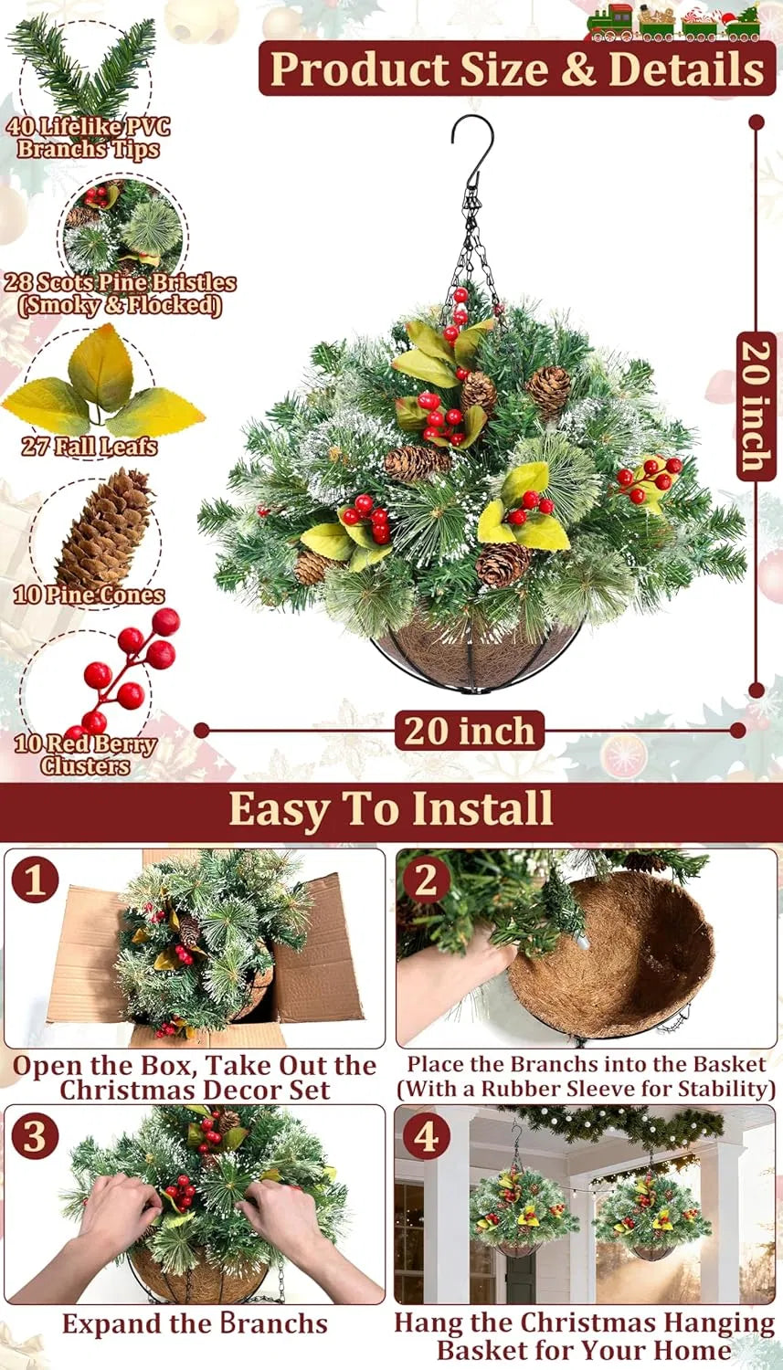 20 Inch Prelit Christmas Hanging Basket with 30 LED Lights & Remote Control