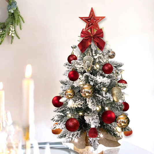22in Tabletop Christmas Tree with Light - Artificial Mini Red Christmas Decoration with Flocked Snow - Exquisite Xmas Ornaments for Home Office