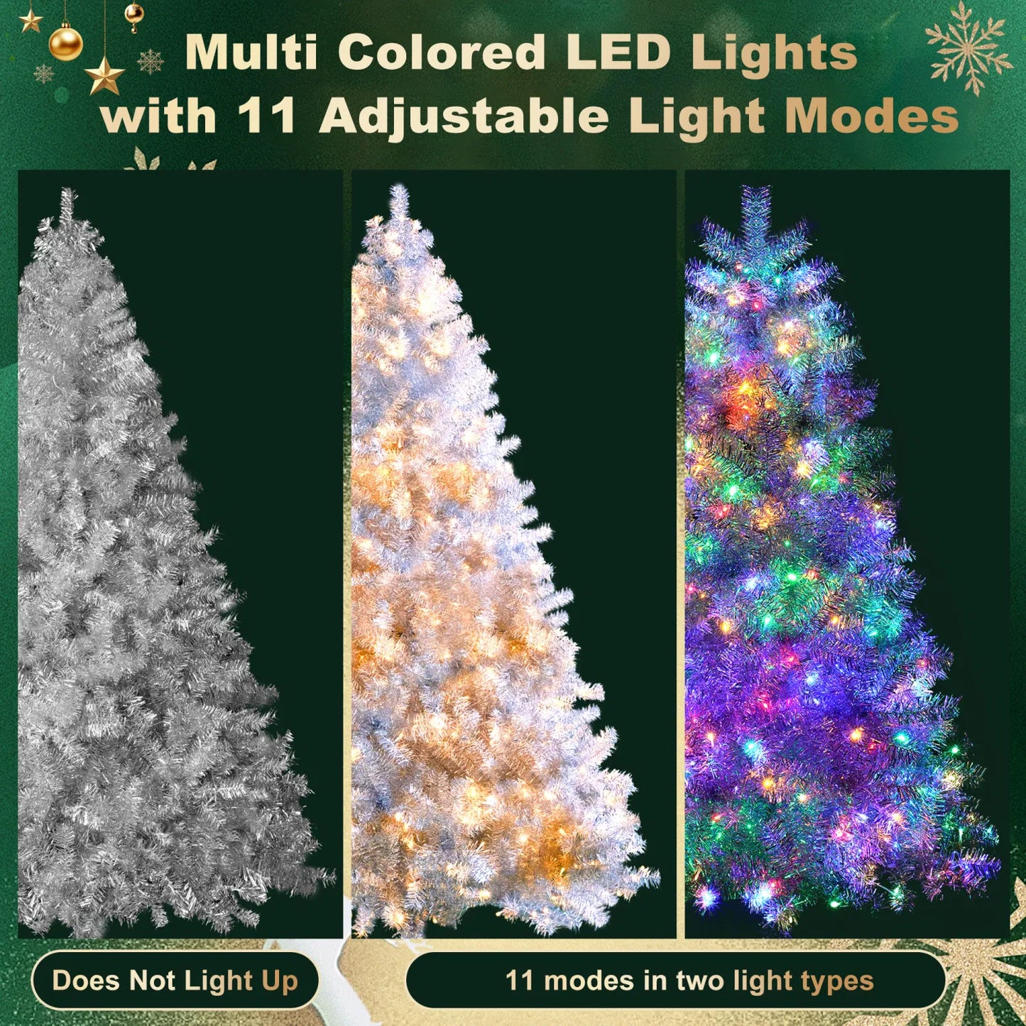 6ft Silver Pre-Lit Artificial Christmas Tree - 800 Branch Tips, 300 LED Lights, 11 Lighting Modes - Full Hinged Tree with Metal Stand