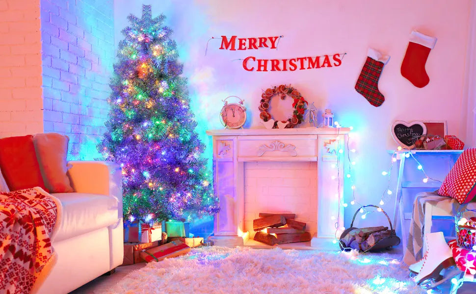 6ft Silver Pre-Lit Artificial Christmas Tree - 800 Branch Tips, 300 LED Lights, 11 Lighting Modes - Full Hinged Tree with Metal Stand