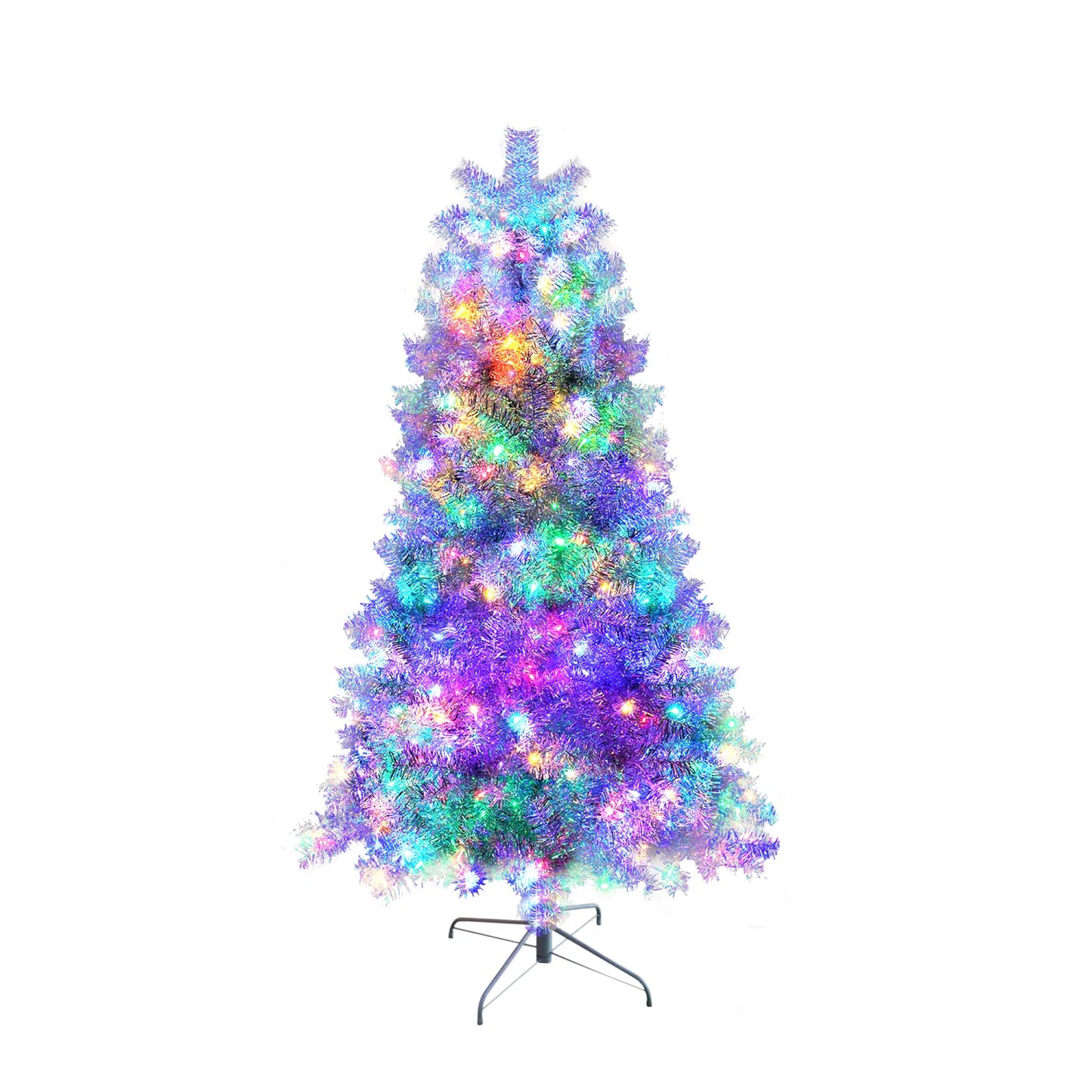6ft Silver Pre-Lit Artificial Christmas Tree - 800 Branch Tips, 300 LED Lights, 11 Lighting Modes - Full Hinged Tree with Metal Stand