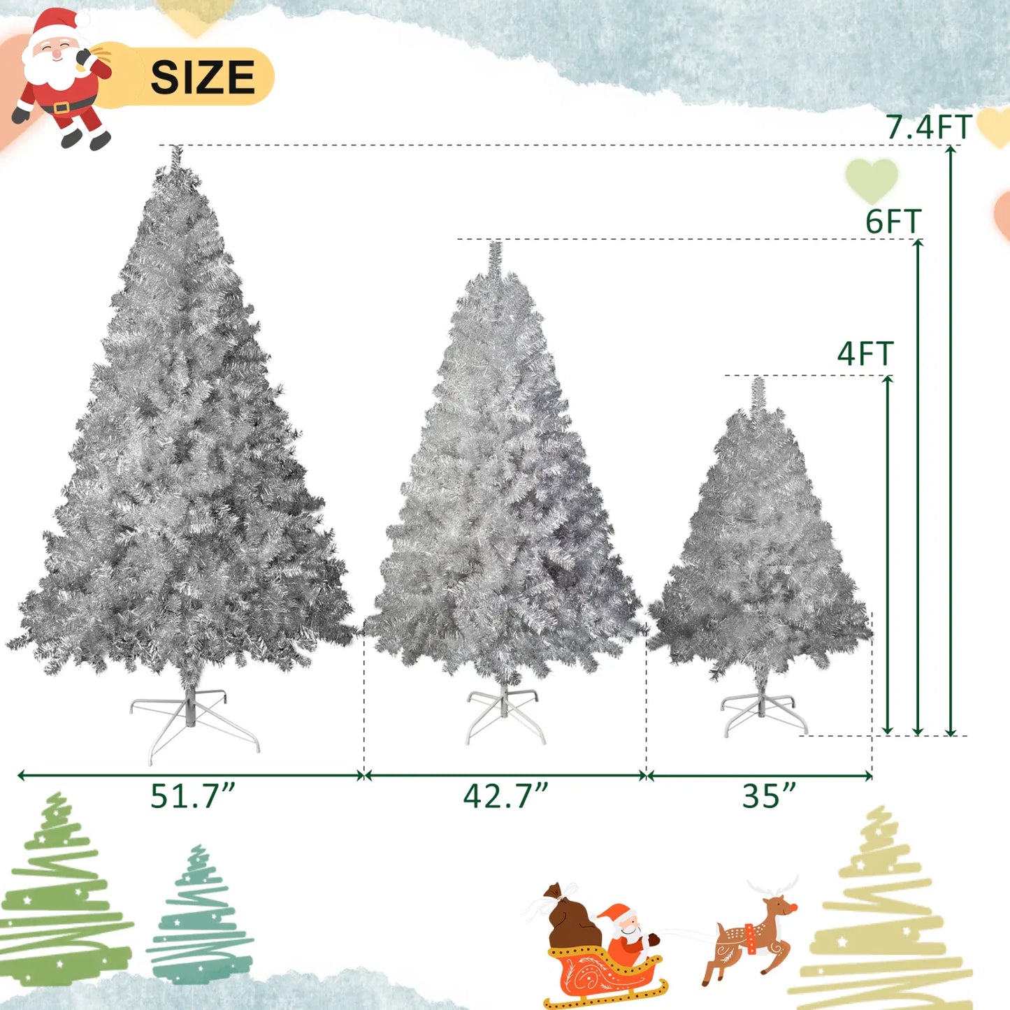 6ft Silver Pre-Lit Artificial Christmas Tree - 800 Branch Tips, 300 LED Lights, 11 Lighting Modes - Full Hinged Tree with Metal Stand