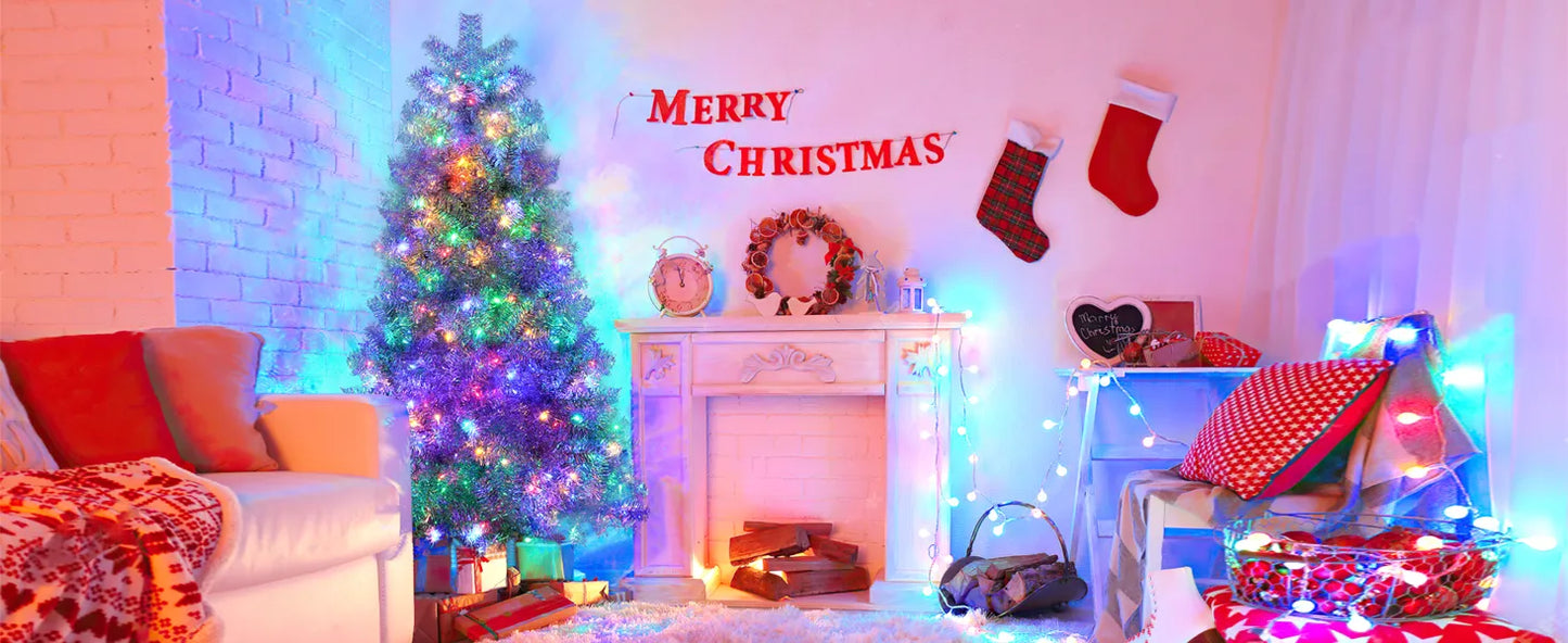 6ft Silver Pre-Lit Artificial Christmas Tree - 800 Branch Tips, 300 LED Lights, 11 Lighting Modes - Full Hinged Tree with Metal Stand