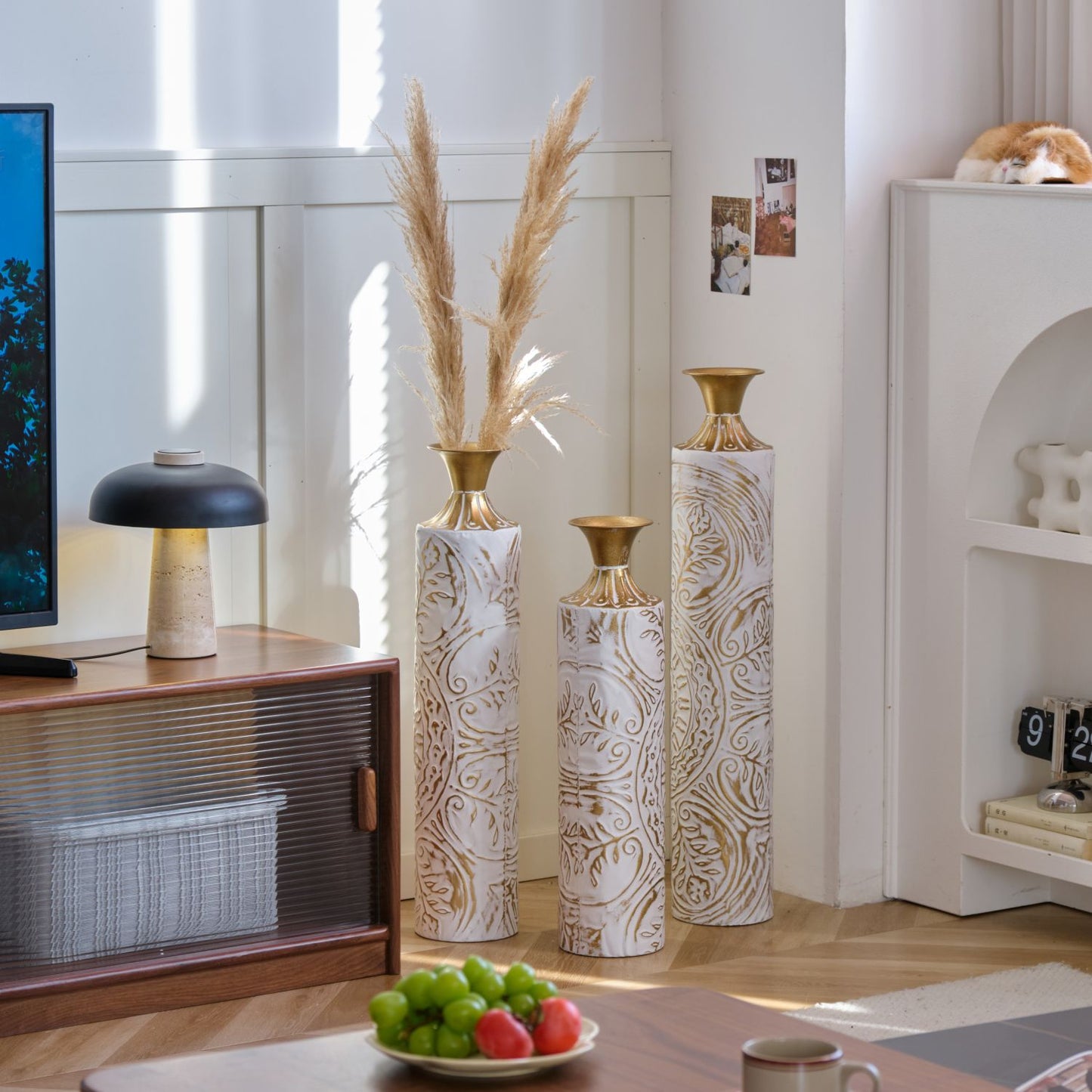 Decorative Floor Metal Vases Set of 3 - White Glazed Large Vases