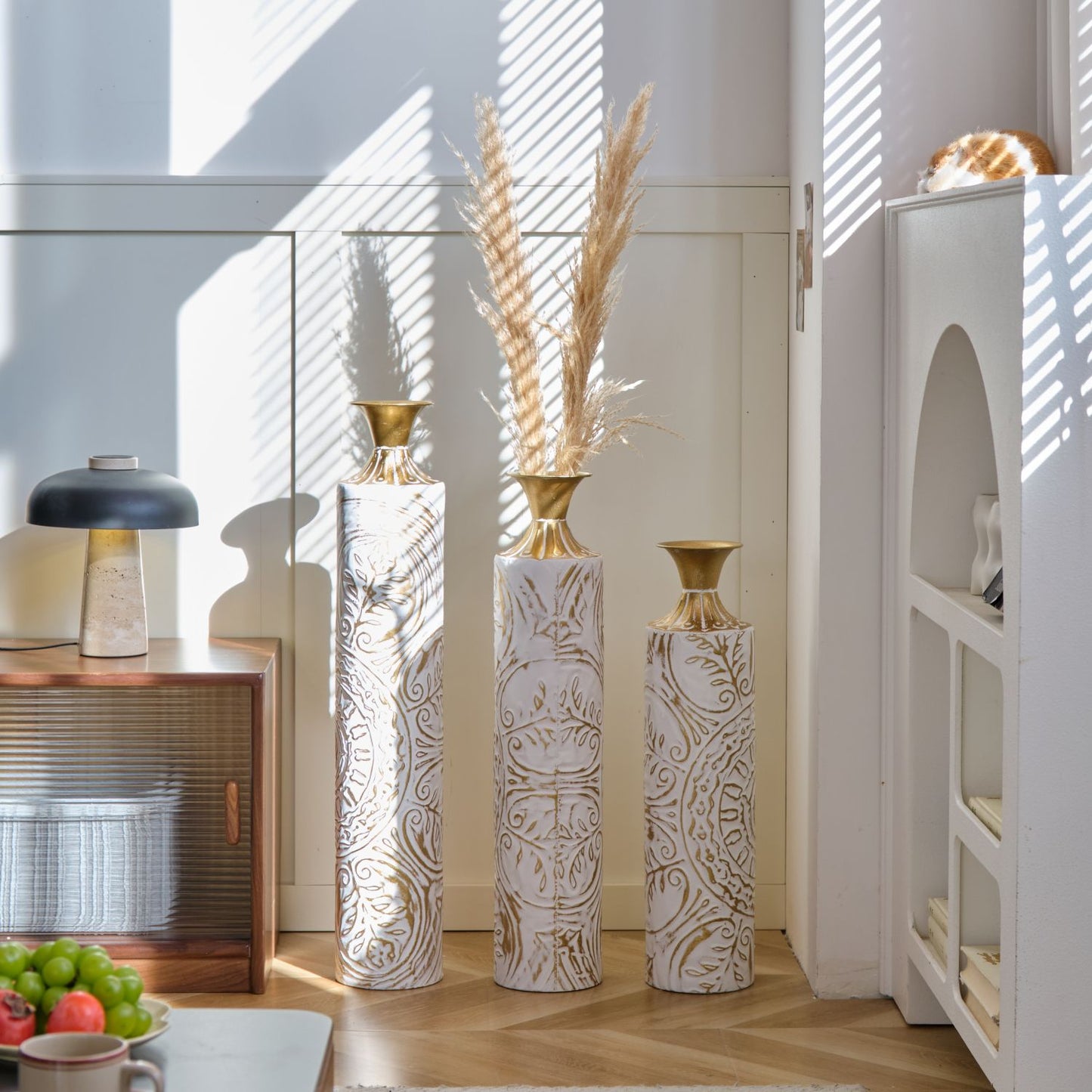 Decorative Floor Metal Vases Set of 3 - White Glazed Large Vases