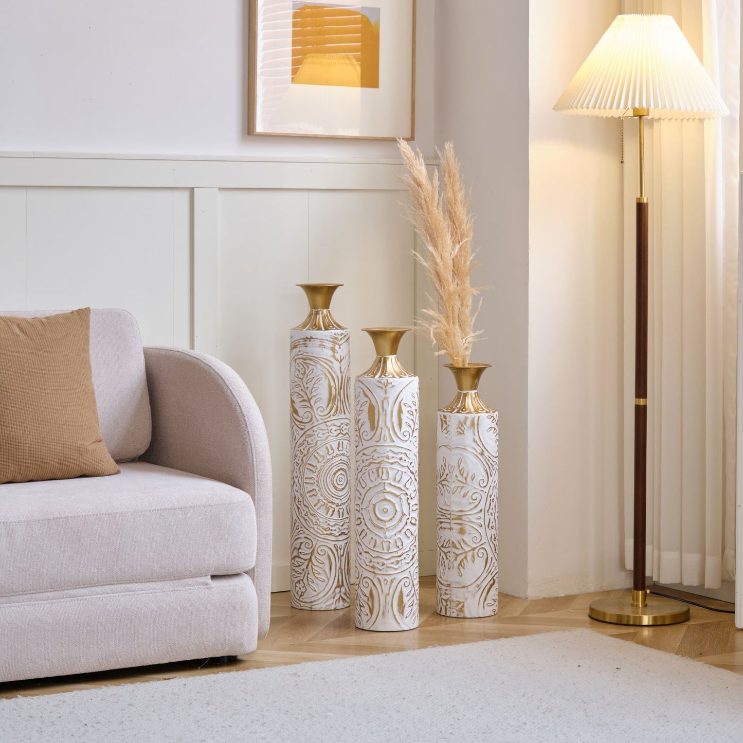 Decorative Floor Metal Vases Set of 3 - White Glazed Large Vases