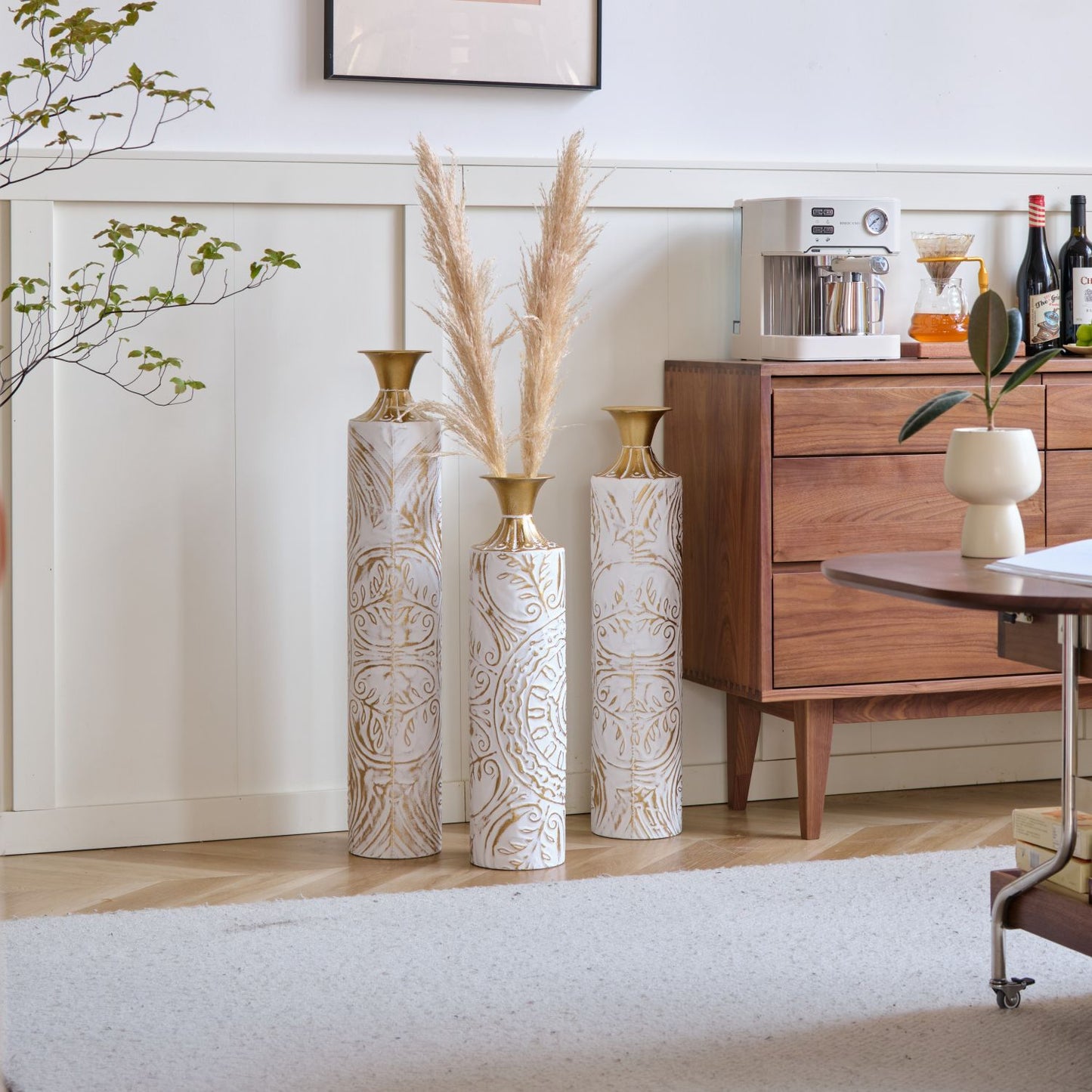 Decorative Floor Metal Vases Set of 3 - White Glazed Large Vases