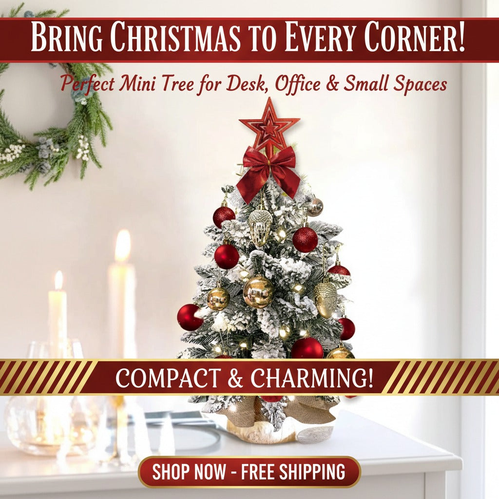 22in Tabletop Christmas Tree with Light - Artificial Mini Red Christmas Decoration with Flocked Snow - Exquisite Xmas Ornaments for Home Office