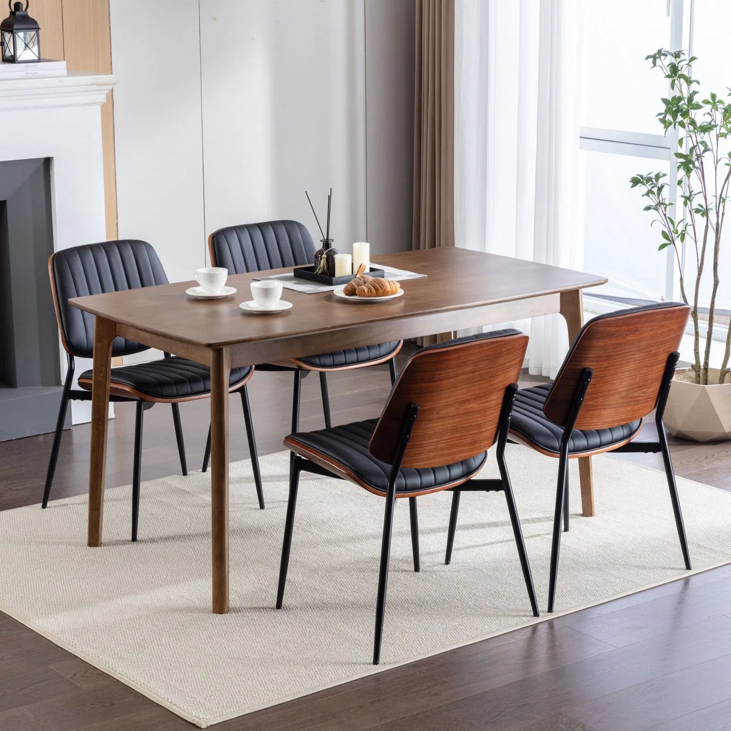 Mid-Century Modern Dining Chairs Set of 2 - Faux Leather Upholstered with Walnut Bentwood Back