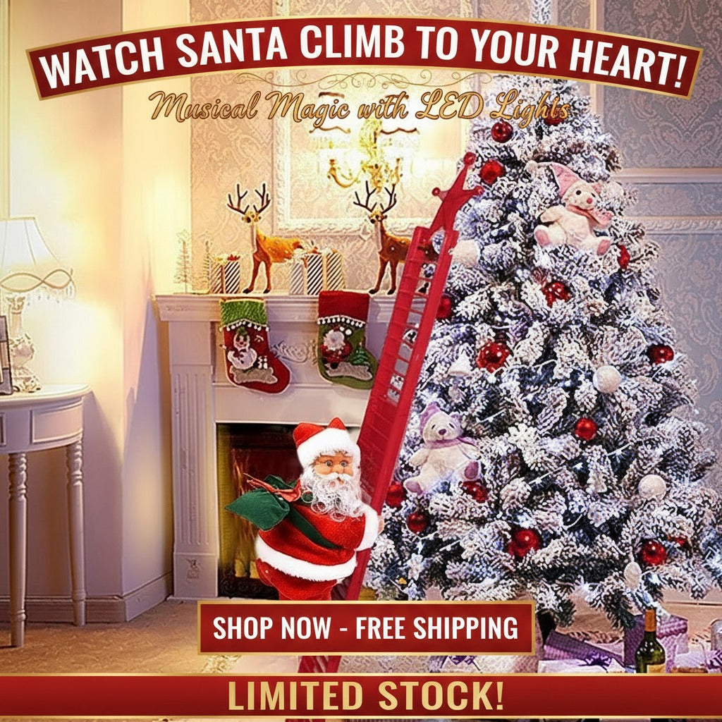 Christmas Electric Climbing Santa with Music & LED Light - Musical Ladder Climbing Santa Claus Doll - Xmas Tree Decorations & Holiday Party Gift