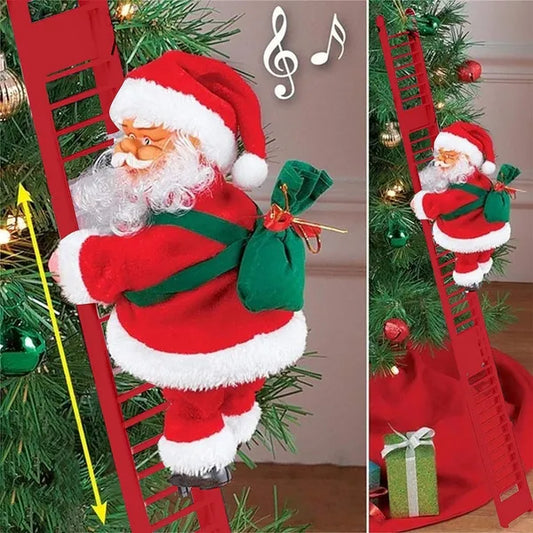 Christmas Electric Climbing Santa with Music & LED Light - Musical Ladder Climbing Santa Claus Doll - Xmas Tree Decorations & Holiday Party Gift