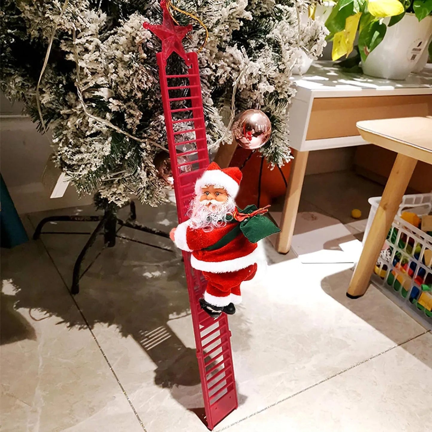 Christmas Electric Climbing Santa with Music & LED Light - Musical Ladder Climbing Santa Claus Doll - Xmas Tree Decorations & Holiday Party Gift