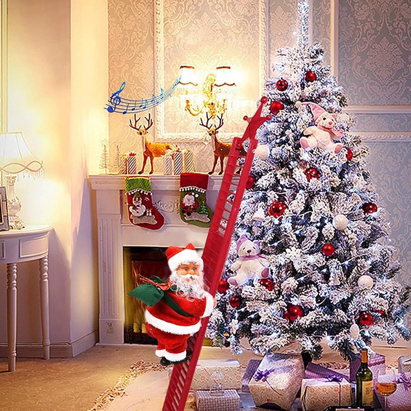 Christmas Electric Climbing Santa with Music & LED Light - Musical Ladder Climbing Santa Claus Doll - Xmas Tree Decorations & Holiday Party Gift