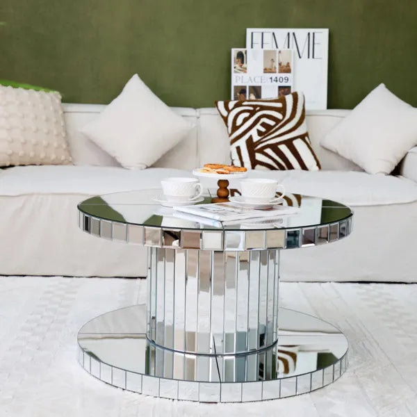 Double Tier Luxury Round Mirror Coffee Table - 31.5" Diameter Modern Sofa Side Table with Fluted Glass