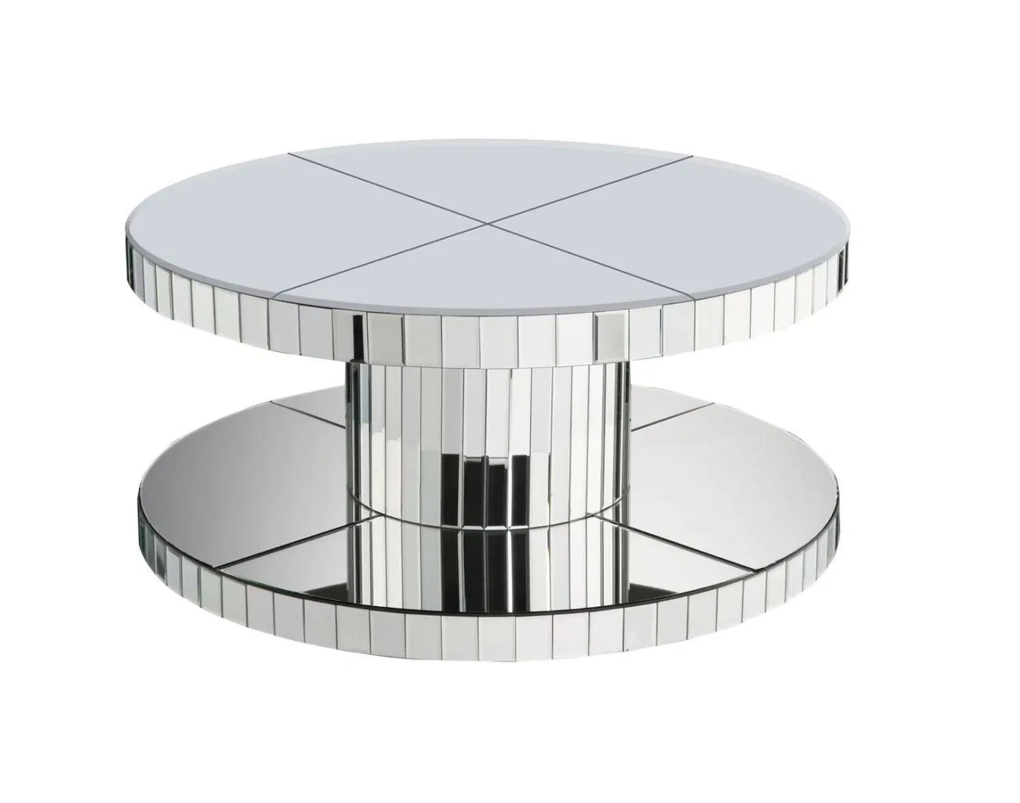 Double Tier Luxury Round Mirror Coffee Table - 31.5" Diameter Modern Sofa Side Table with Fluted Glass