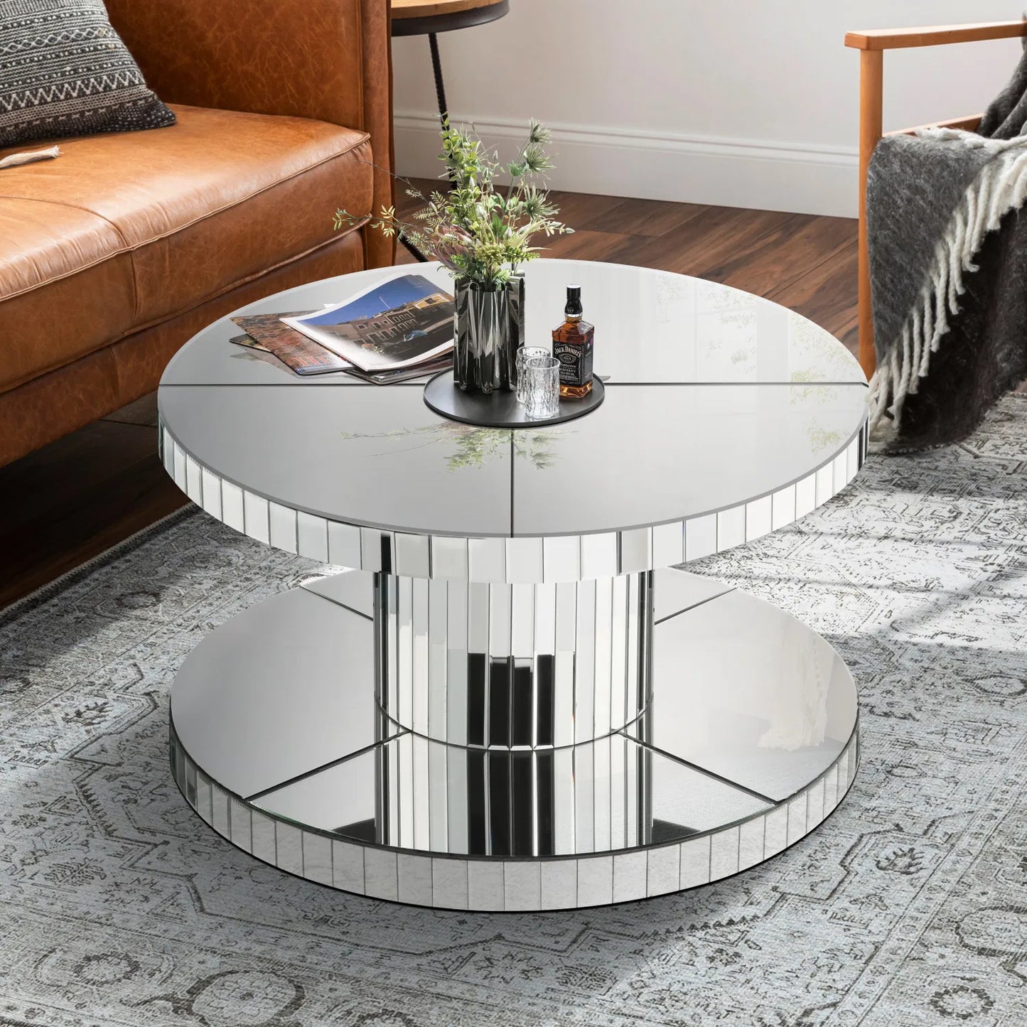 Double Tier Luxury Round Mirror Coffee Table - 31.5" Diameter Modern Sofa Side Table with Fluted Glass
