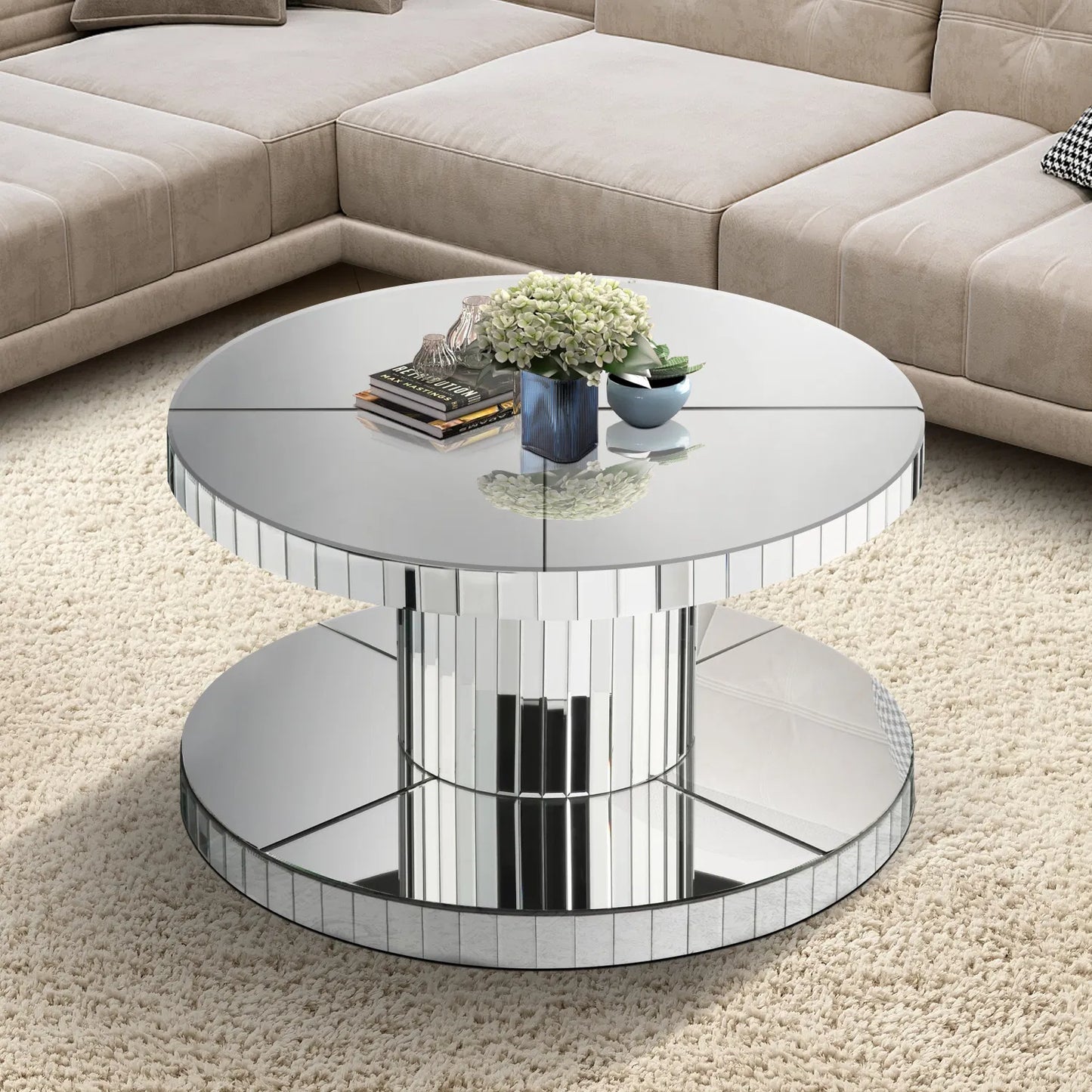 Double Tier Luxury Round Mirror Coffee Table - 31.5" Diameter Modern Sofa Side Table with Fluted Glass