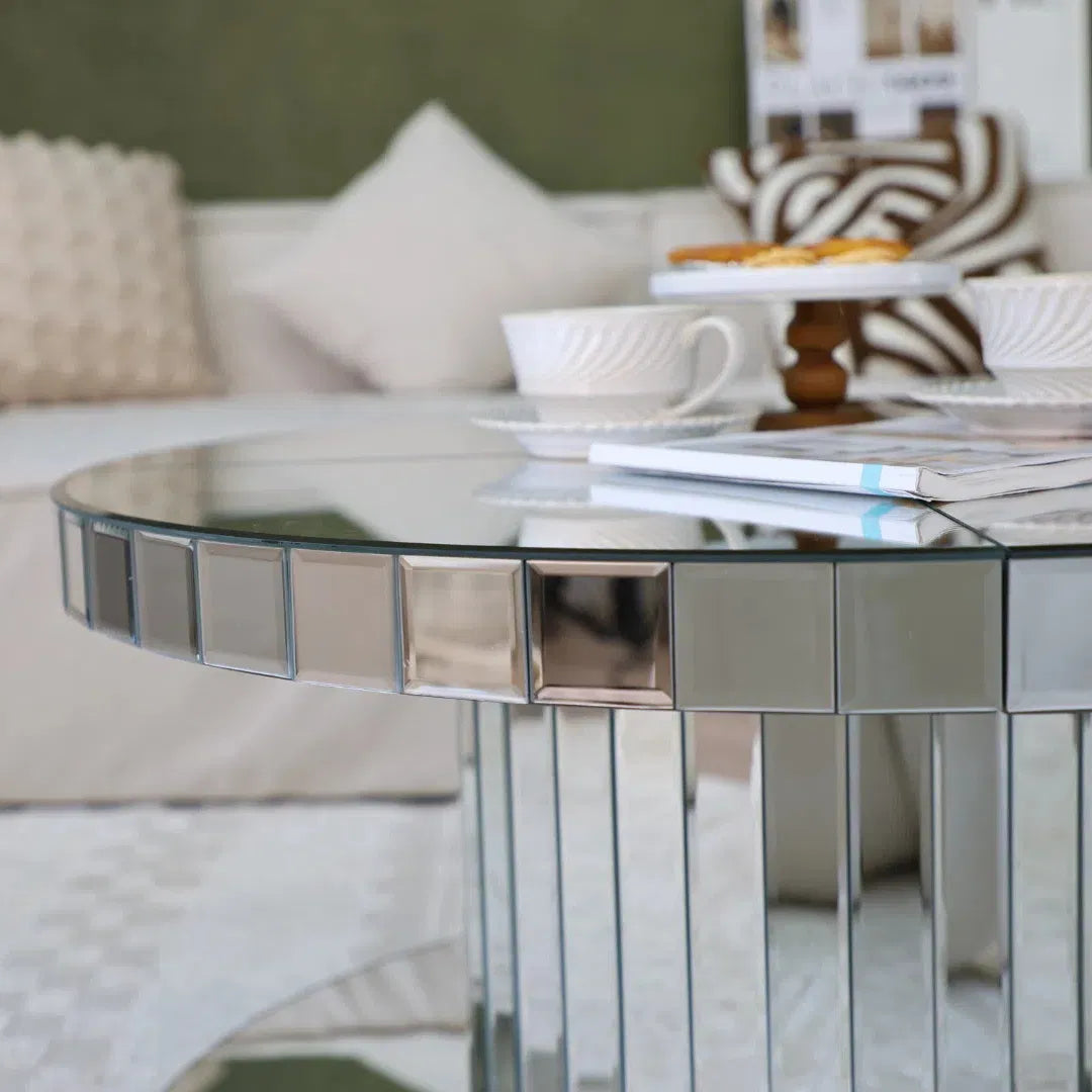 Double Tier Luxury Round Mirror Coffee Table - 31.5" Diameter Modern Sofa Side Table with Fluted Glass