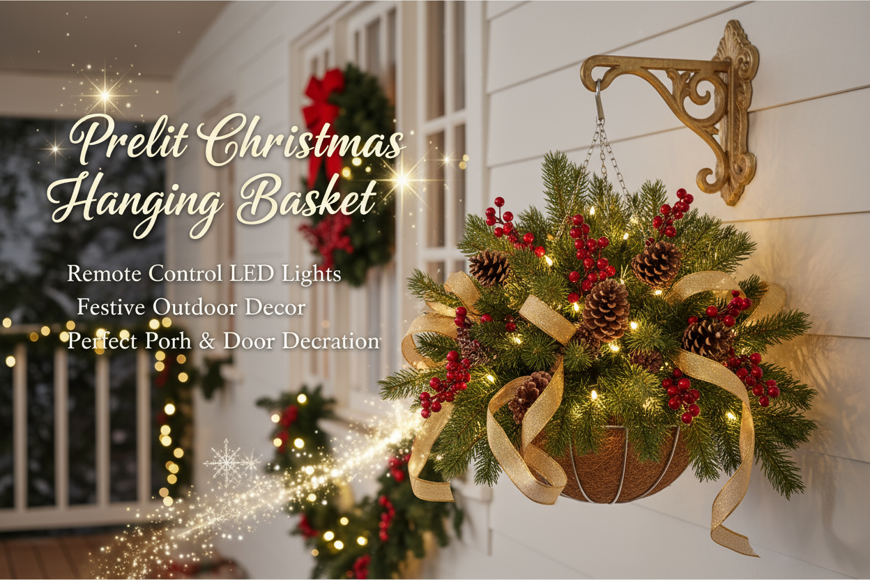 20 Inch Prelit Christmas Hanging Basket with 30 LED Lights & Remote Control