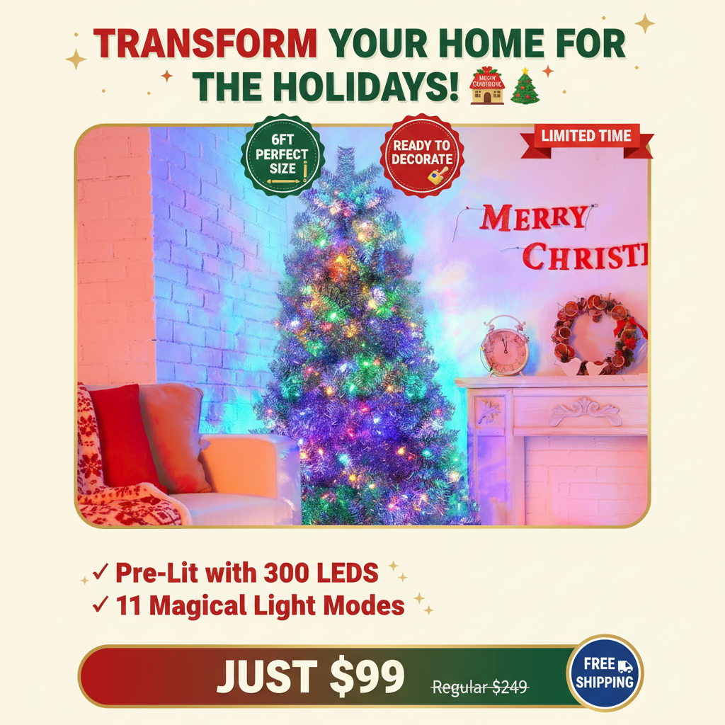 6ft Silver Pre-Lit Artificial Christmas Tree - 800 Branch Tips, 300 LED Lights, 11 Lighting Modes - Full Hinged Tree with Metal Stand