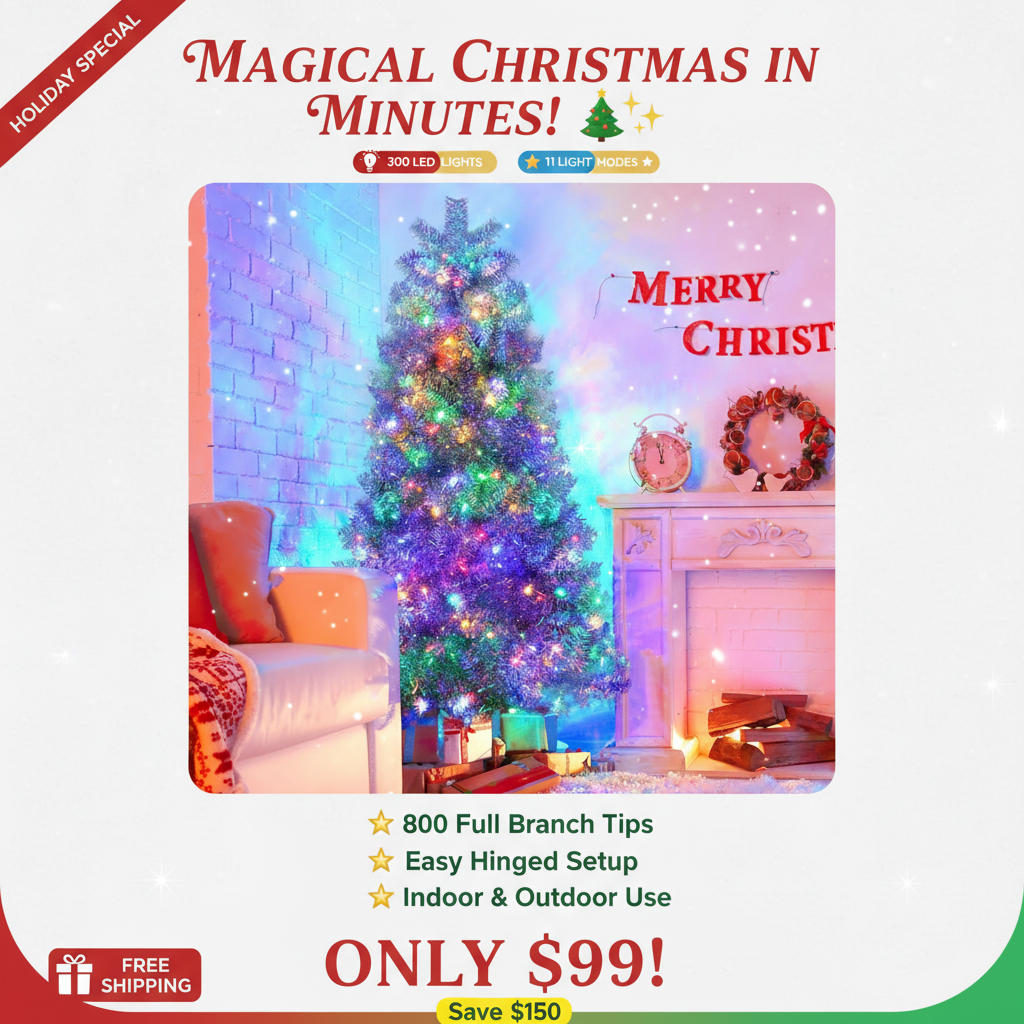 6ft Silver Pre-Lit Artificial Christmas Tree - 800 Branch Tips, 300 LED Lights, 11 Lighting Modes - Full Hinged Tree with Metal Stand