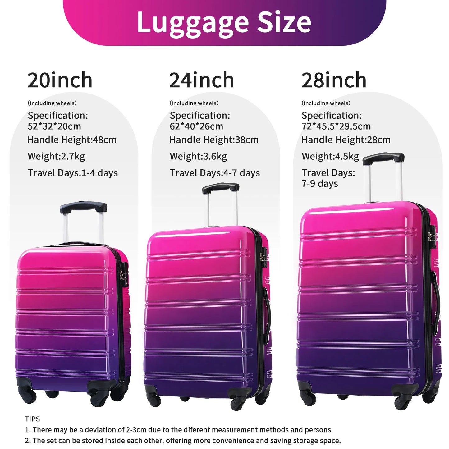 3-Piece Hardshell Luggage Set - Purple & Pink Gradient with Spinner Wheels