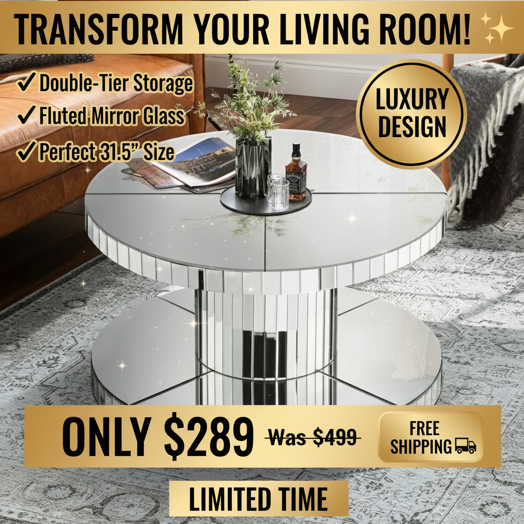 Double Tier Luxury Round Mirror Coffee Table - 31.5" Diameter Modern Sofa Side Table with Fluted Glass