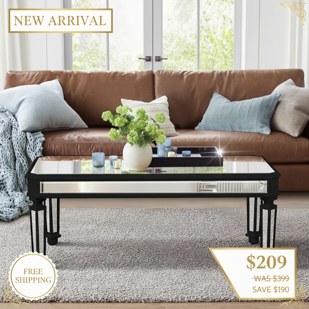 Silver Mirrored Coffee Table - Black Vintage Carved Wooden Rectangle Glass Tea Table 24"D x 48"W x 18"H