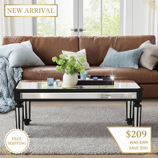 Silver Mirrored Coffee Table - Black Vintage Carved Wooden Rectangle Glass Tea Table 24"D x 48"W x 18"H