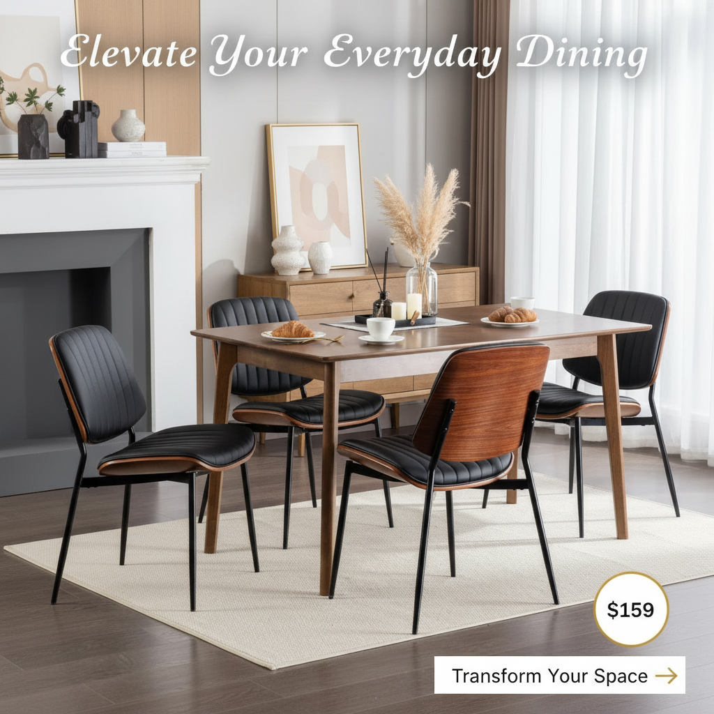 Mid-Century Modern Dining Chairs Set of 2 - Faux Leather Upholstered with Walnut Bentwood Back