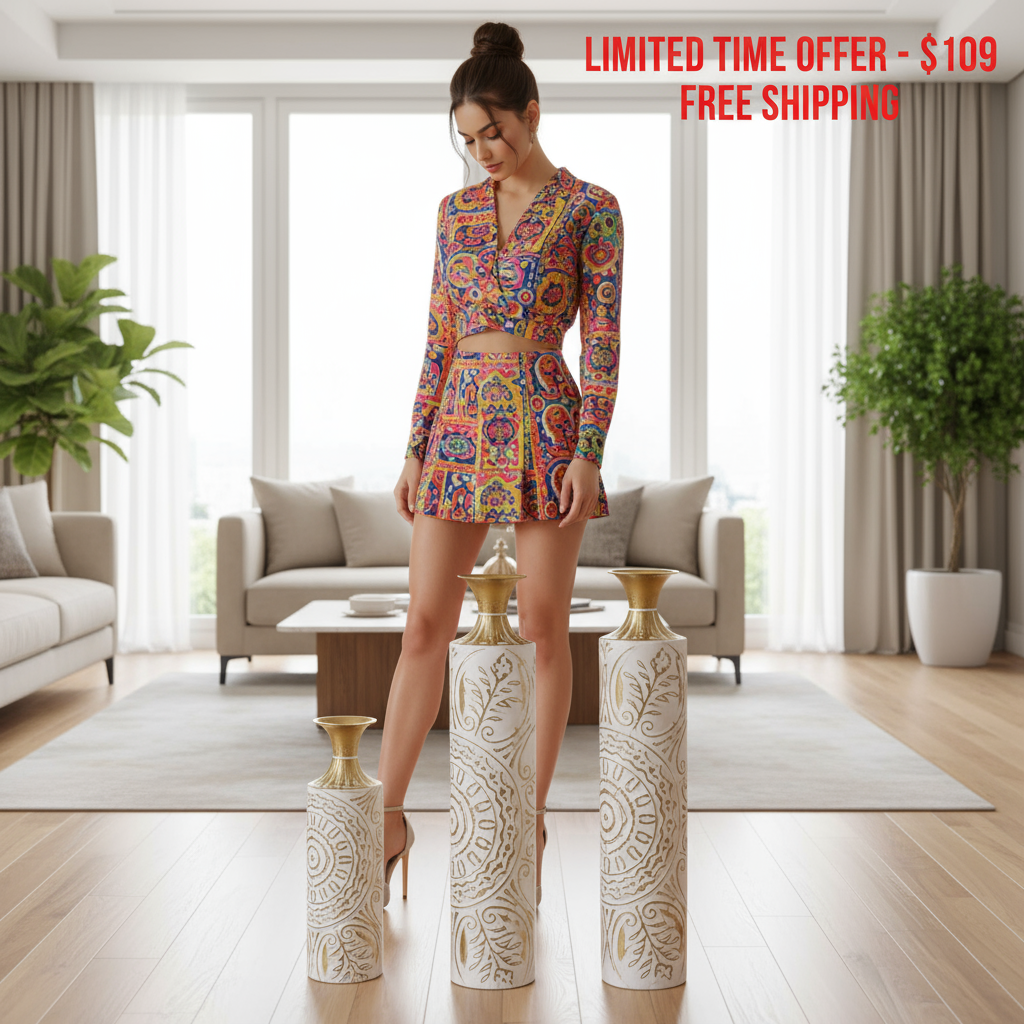 Decorative Floor Metal Vases Set of 3 - White Glazed Large Vases