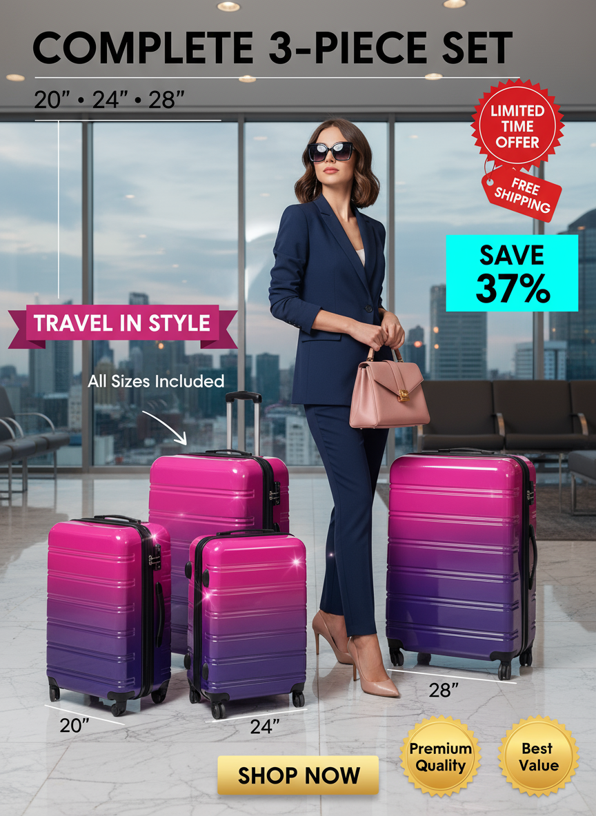 3-Piece Hardshell Luggage Set - Purple & Pink Gradient with Spinner Wheels