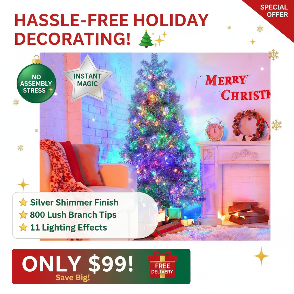 6ft Silver Pre-Lit Artificial Christmas Tree - 800 Branch Tips, 300 LED Lights, 11 Lighting Modes - Full Hinged Tree with Metal Stand
