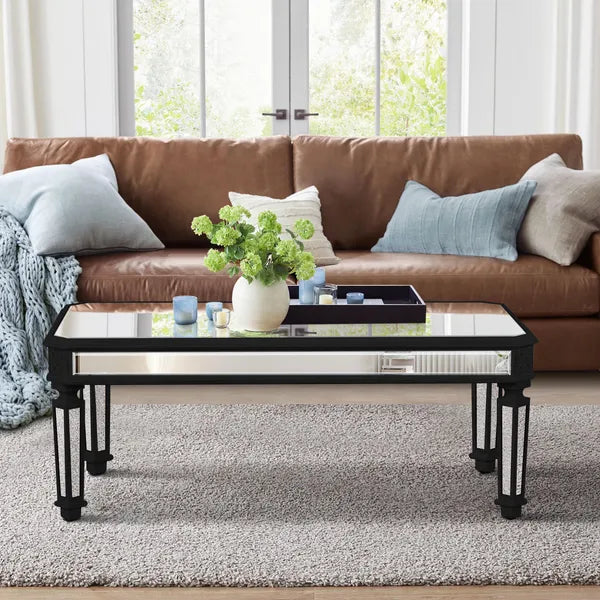 Silver Mirrored Coffee Table - Black Vintage Carved Wooden Rectangle Glass Tea Table 24"D x 48"W x 18"H