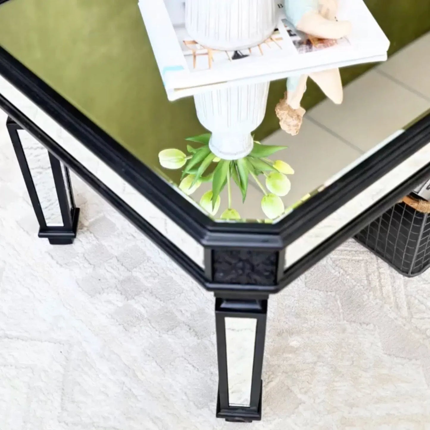 Silver Mirrored Coffee Table - Black Vintage Carved Wooden Rectangle Glass Tea Table 24"D x 48"W x 18"H