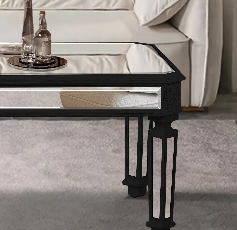 Silver Mirrored Coffee Table - Black Vintage Carved Wooden Rectangle Glass Tea Table 24"D x 48"W x 18"H