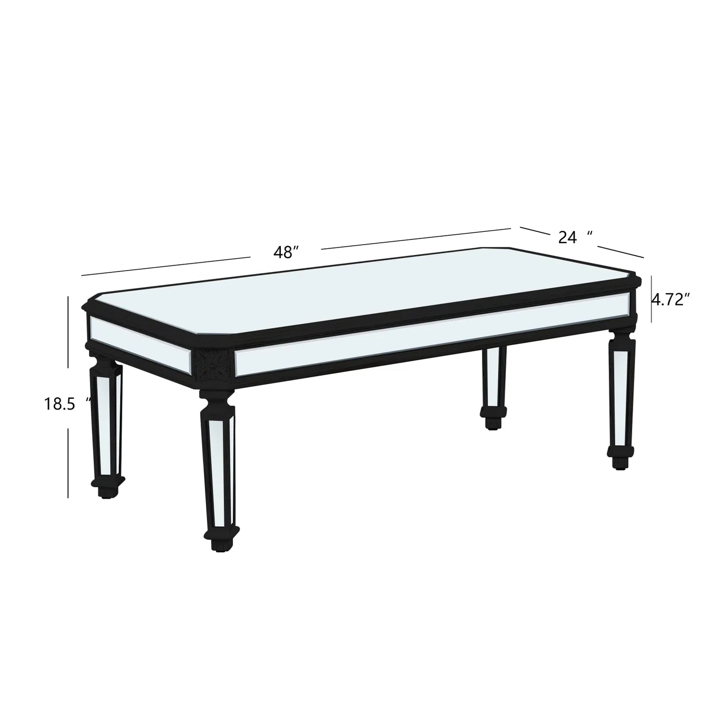 Silver Mirrored Coffee Table - Black Vintage Carved Wooden Rectangle Glass Tea Table 24"D x 48"W x 18"H