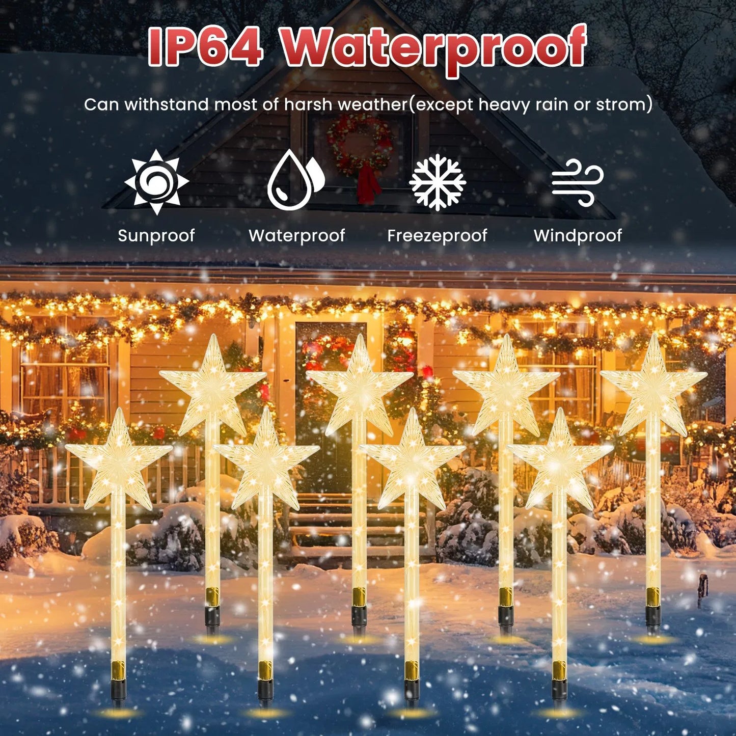 Solar Christmas Outdoor Lights - 8 Modes IP64 Waterproof Star Pathway Lights with 90° Adjustable Panel
