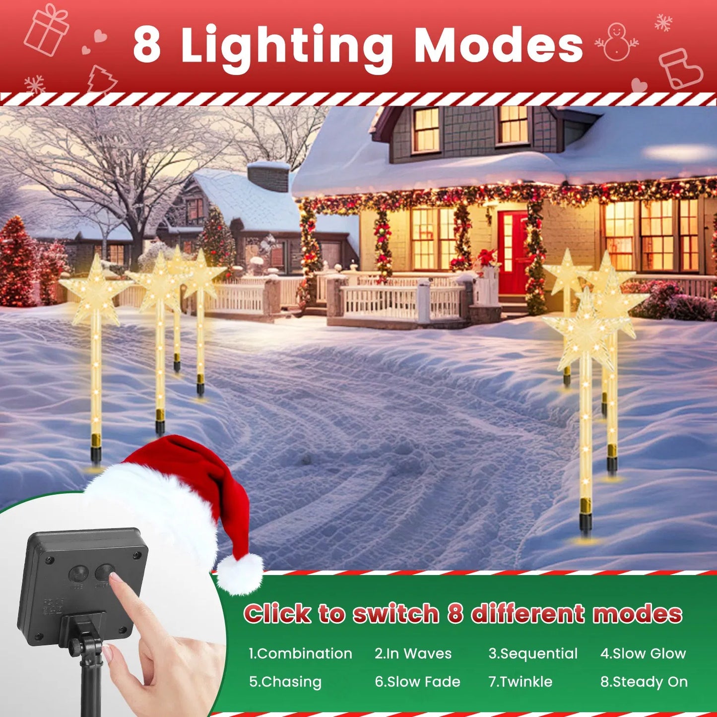 Solar Christmas Outdoor Lights - 8 Modes IP64 Waterproof Star Pathway Lights with 90° Adjustable Panel