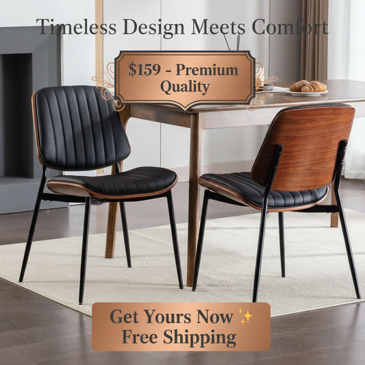 Mid-Century Modern Dining Chairs Set of 2 - Faux Leather Upholstered with Walnut Bentwood Back