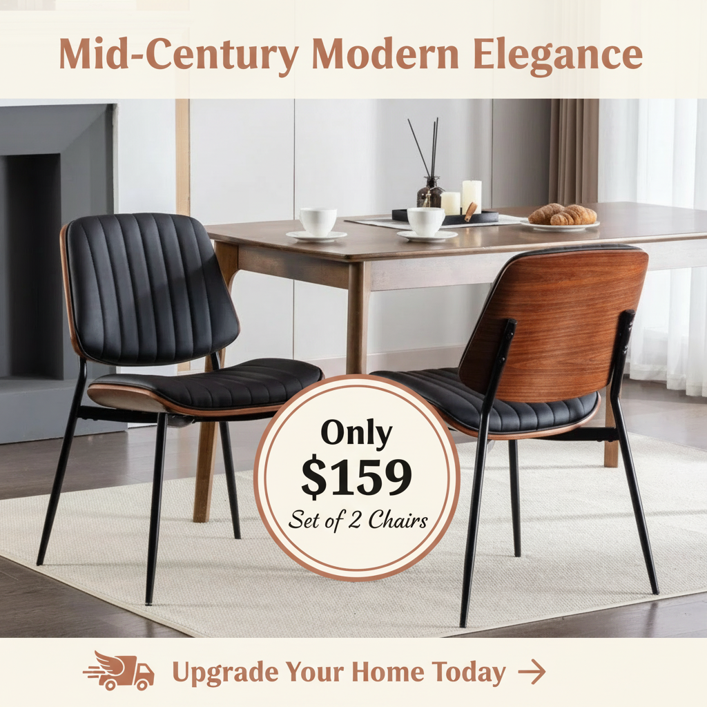 Mid-Century Modern Dining Chairs Set of 2 - Faux Leather Upholstered with Walnut Bentwood Back